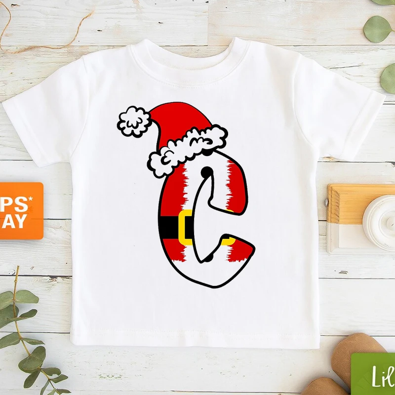 

2022 Funny Christmas Hat Tshirt Letters A-Z Merry Christmas T-Shirt Kids Clothes Boys Girls T Shirt Short Sleeve T-Shirts Tops