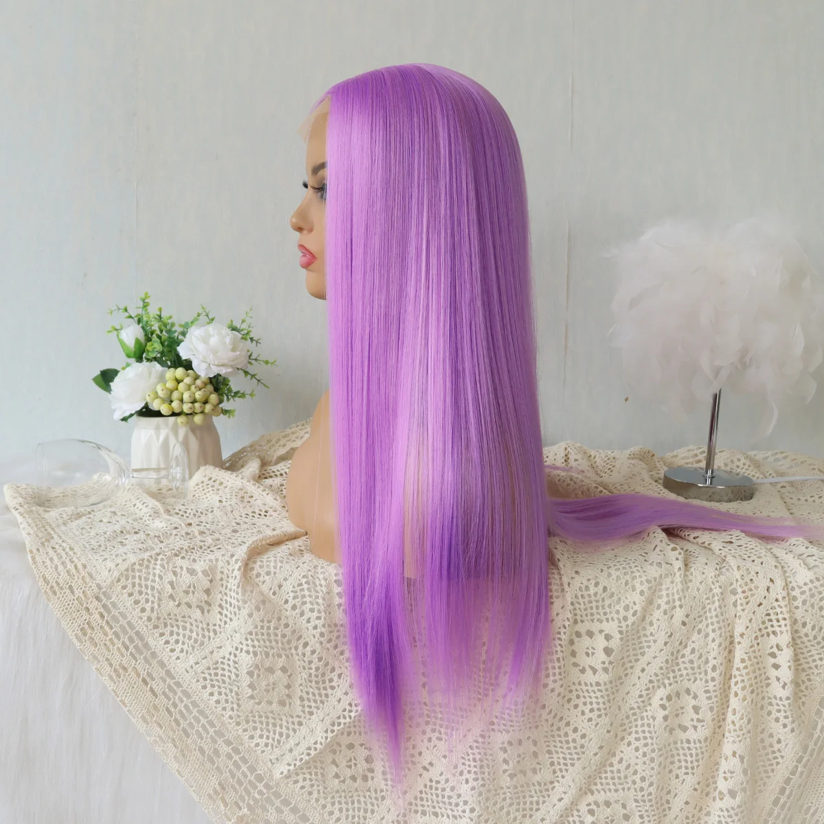 Peruca de cabelo reto longo roxo claro para mulheres, cabelo de fibra resistente ao calor sem cola, perucas sintéticas, moda