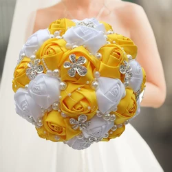 Yellow Royal Blue Wedding Bouquets With Crystal Bridal Bouquets Bridesmaid Artificial Satin Roses Bride Flowers