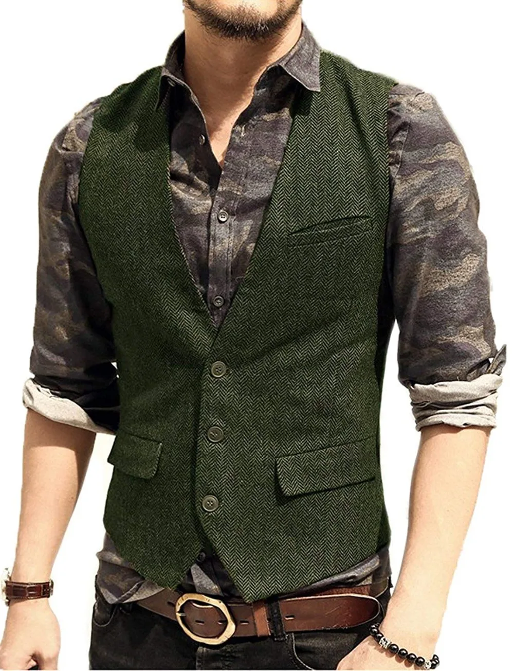 Men\'s Suit Vest V Neck Wool Herringbone Tweed Casual Waistcoat Formal Business Vest Groomman For Green/Black/Brown/Coffee