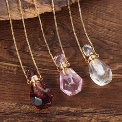 Openable Crystal Perfume Bottle Pendant Necklace For Women Essential Oil Diffuser Vial Necklace Natural Roses Amethyst Jewelry