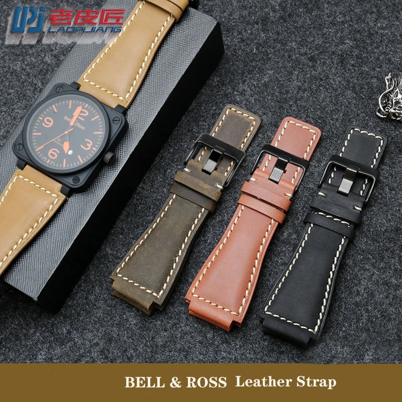 Genuine Leather Watchbands Men\'s Wristband For Bell & Ross B&R BR-01 BR-03 Strap High Quality Wrist Convex Belt Bracelet + Tool