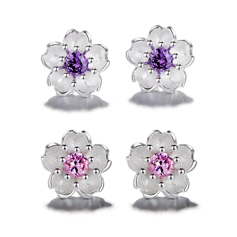 Xingyunday Cherry Blossoms Flower Crystal Stud Earrings Silver Color Ear Studs Women's Fine Jewelry Mother's day Birthday Gift