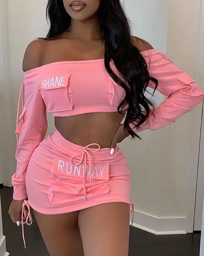 Two Piece Set Women Outfit Summer Pocket Design Letter Off Shoulder Long Sleeved Crop Top & Drawstring High Waist Mini Skirt Set