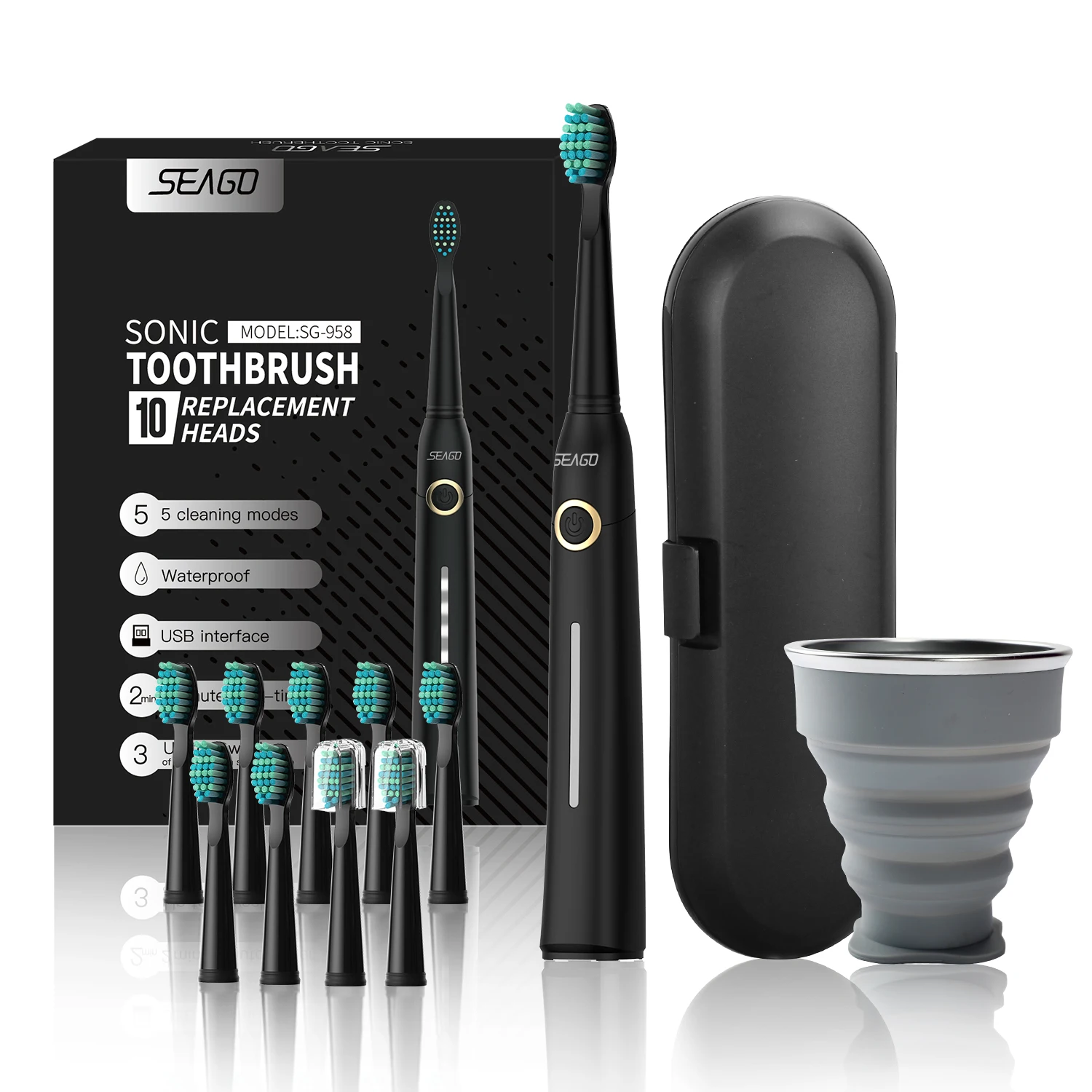 Seago Fast Rechargeable Sonic Toothbrush Electric Smart Automatic with Case Whitening Replacement Brush Head Adult Waterproof