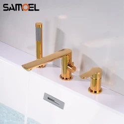 Luxury Brass Gold Deck-Mounted 3-Hole Bathroom Bath tub Rotating Faucet Mixer Bathtub Basin Water Tap With Spray BF1034