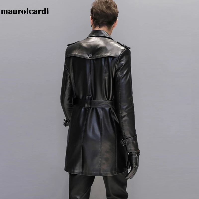 Mauroicardi Autumn Black Faux Leather Trench Coat Men Long Sleeve Belt Double Breasted Brown Plus Size Men Clothing 2022 4xl 5xl