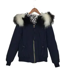 Navy Windproof Women Coats Winter Bomber Fur Jacket Zipper Hooded White Leopard Fur Coat