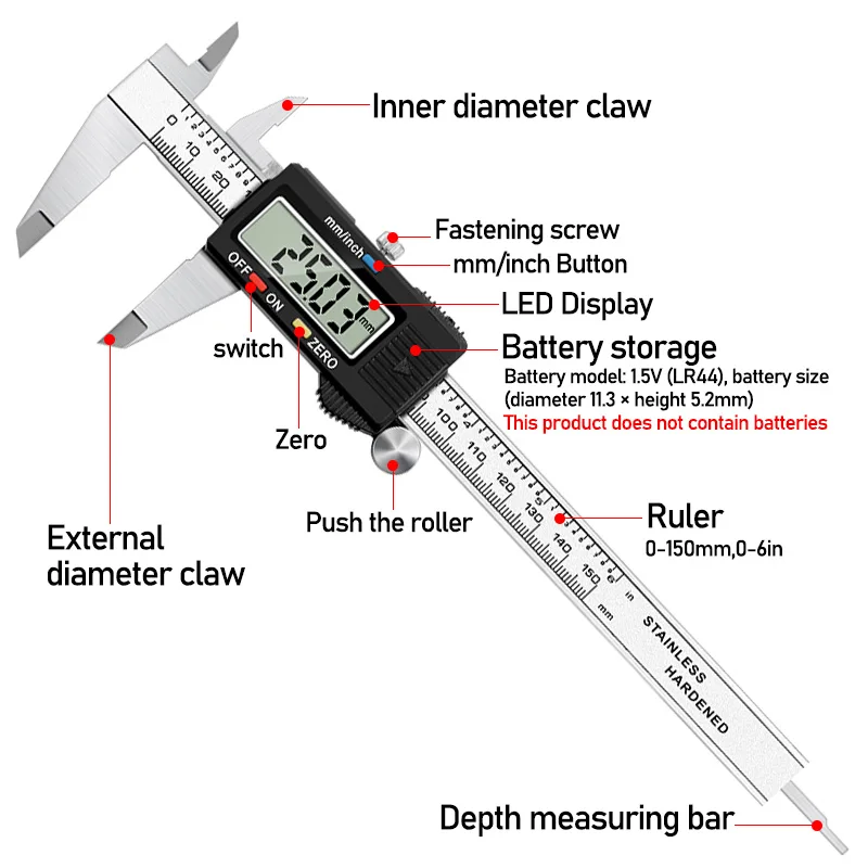 Điện Tử Kỹ Thuật Số Vernier Caliper 150Mm Thép Không Gỉ Cai Trị Đo Micromet 6 Inch LCD Đo Thước Dụng Cụ Có Hộp Nhựa