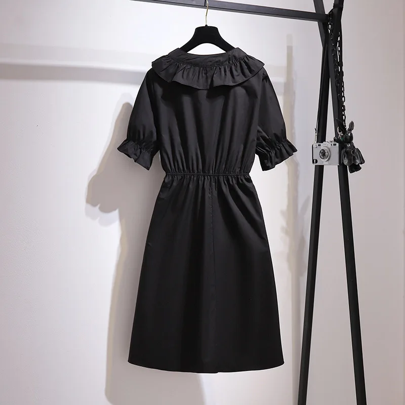 New 2021 Summer Plus Size Dresses For Women Large Short Sleeve Loose Ruffle Cotton Black Belt Midi Dress 3XL 4XL 5XL 6XL 7XL