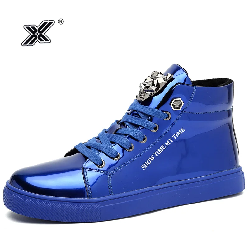 X Brand Fashion Autumn Mens Sneakers Big Size 47 Shiny Metal Men Casual Shoes Glitter Red Blue High top Shoes Men Sneakers 2022