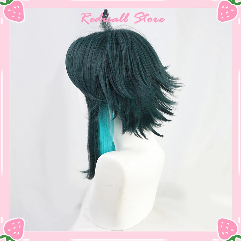 Xiao Wig Cosplay Dark Green Synthetic Short Straight Heat Resistant Hair Adult Women Free Wig Cap Random Stickers