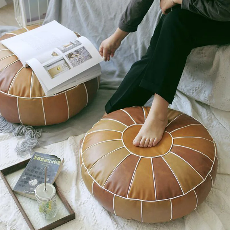 

Moroccan PU Leather Pouf Embroider Patchwork Craft Floor Hassock Ottoman Round Artificial Leather Unstuffed Cushion Footstool