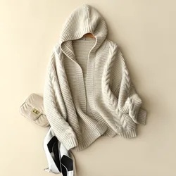 winter chunky cashmere wool hooded sweaters women's luxury cable knit thick outerwear