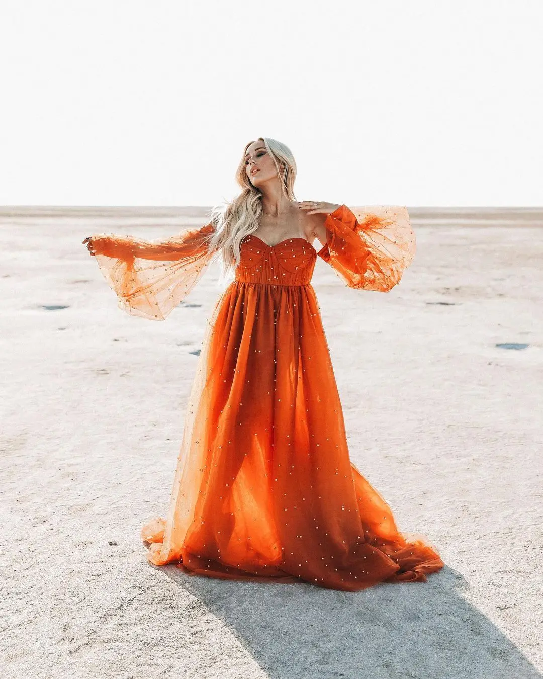 Off-Shoulder Orange Prom Dress Pearl Long Tulle Dress A-line Long Sleeve Evening Dresses Autumn Elegant Birthday Dress Long Robe