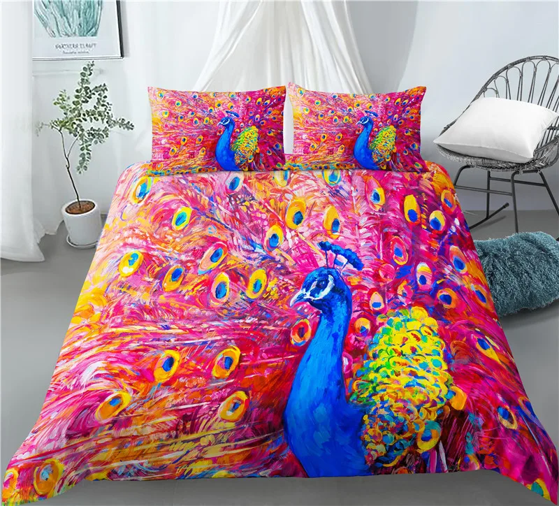 Home Living Luxury 3D Peacock Print 2/3Pcs Comfortable Duvet Cover PillowCase Bedding Sets Queen and King EU/US/AU Size