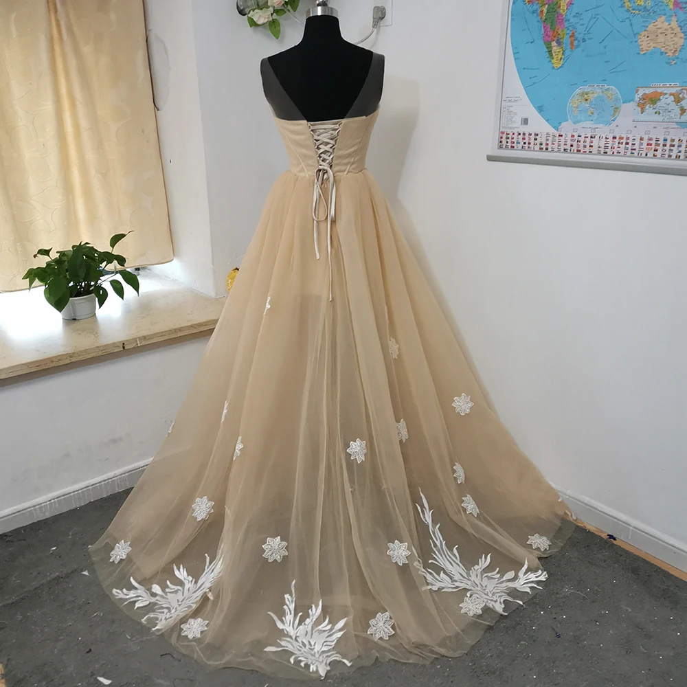 2021 MYYBLE Real Photo Mode Neue Champagner Abendkleid Elegante Braut Lange Scoop Spitze Appliques Prom Kleider Formale Kleider