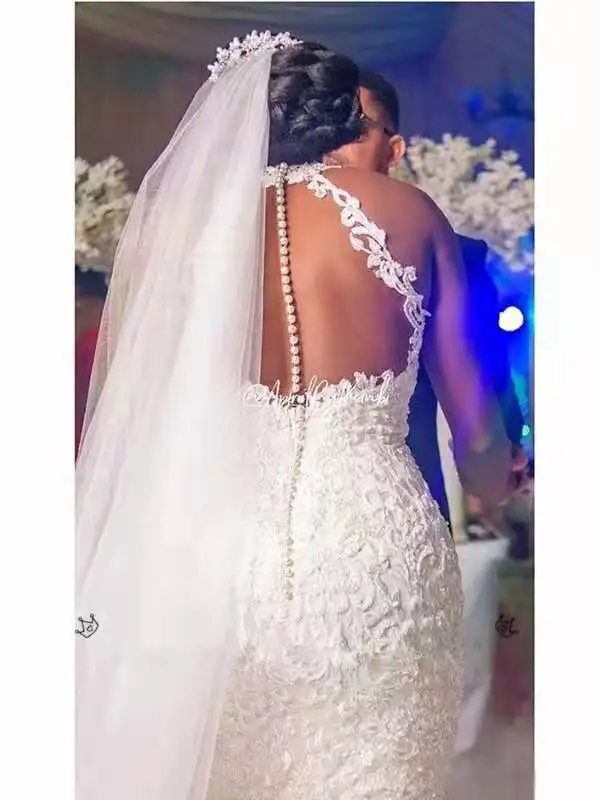 Maßgeschneiderte arabische Aso Ebi Vintage Spitze Perlen Brautkleider Sheer Neck Mermaid Brautkleider Sexy günstige Brautkleider – Detail 5