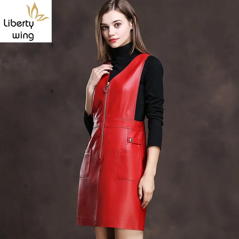 2020 Spring Women Black Red Sheepskin Genuine Leather Straps Dresses Sleeveless A Line Mini Sundress Zipper Rock Party Vestidos