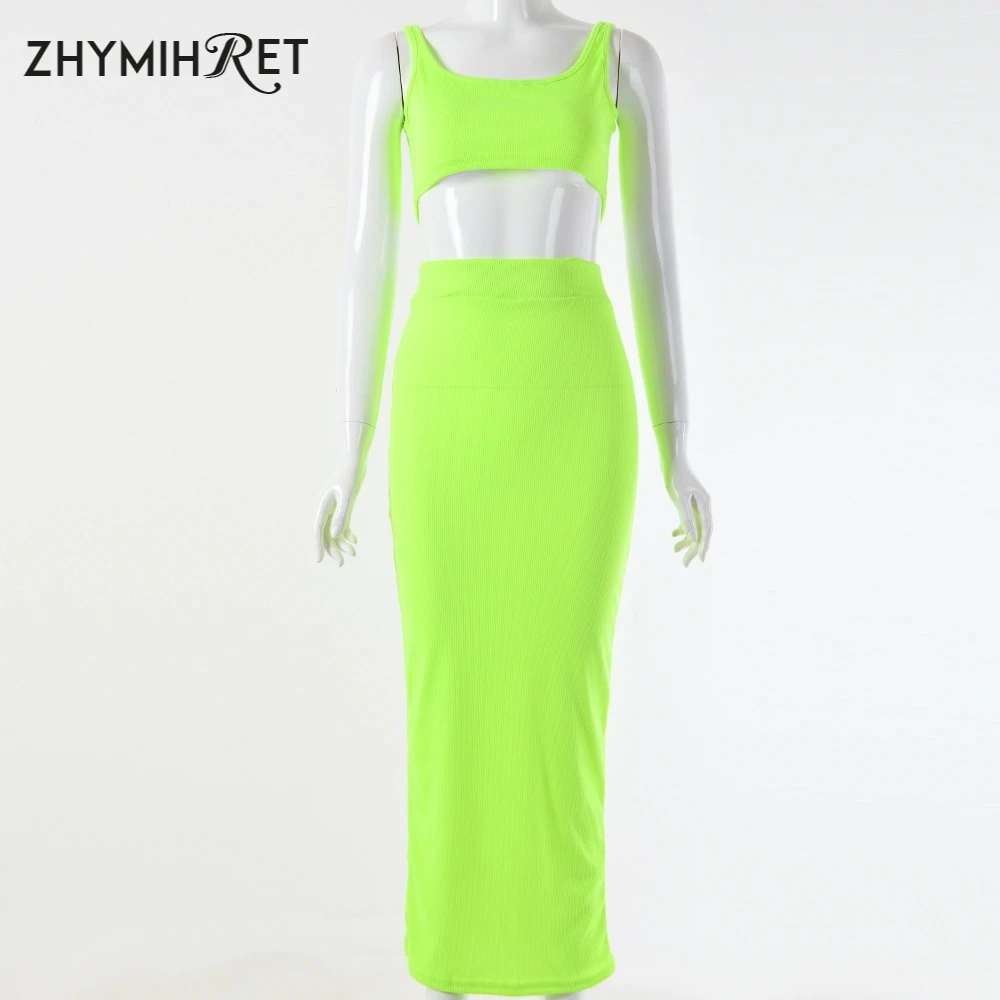 ZHYMIHRET 2023 Summer Neon Color Two Pieces Set Dress Women Sexy Ribbed Crop Top And High Waist Long Vestidos Two Piece Outfits