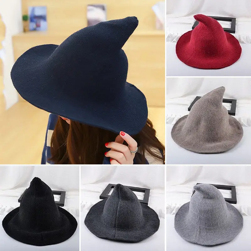 

2023 New Women Halloween Witch Hat Wool Knit Hat Fashion Solid Warm Hat Winter Fisherman Witch Pointed Party Hat