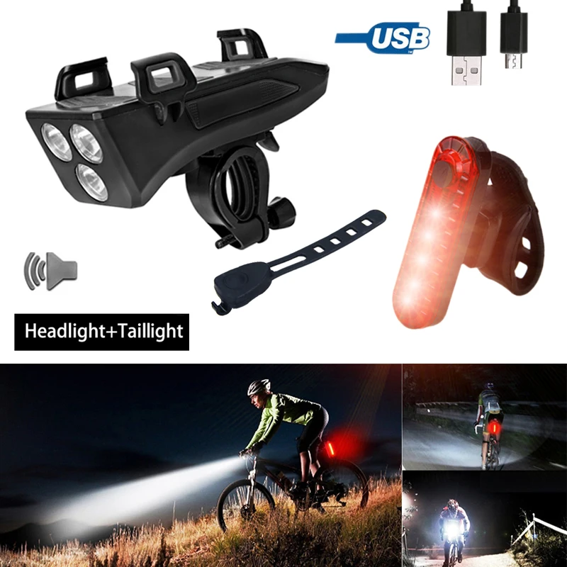 Waterproof 3 LED Front Bike Lamp USB Bike Phone Holder Cycling Horn Light Power Bank Function Safety Night Riding