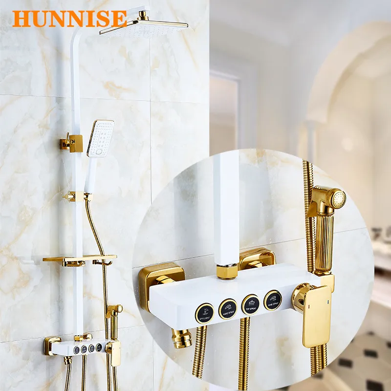 

Bathroom Shower Set White Gold Bath Shower System Rainfall Hand Shower Head Square Shower Arm Brass Bathroom Shower Mixer Set