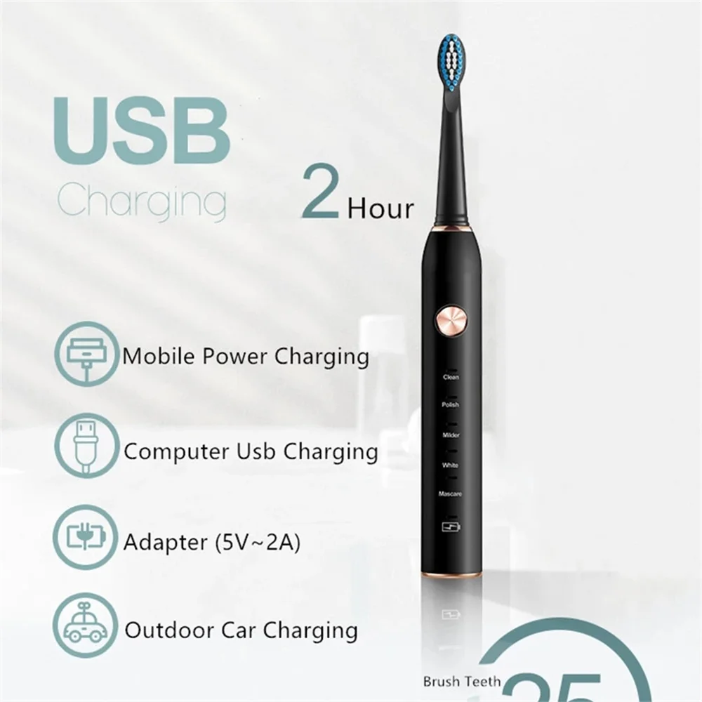5 스마트 모드 소닉 전동 칫솔 지능형 시간 알림 전기 칫솔 USB 충전 음향 여행 칫솔