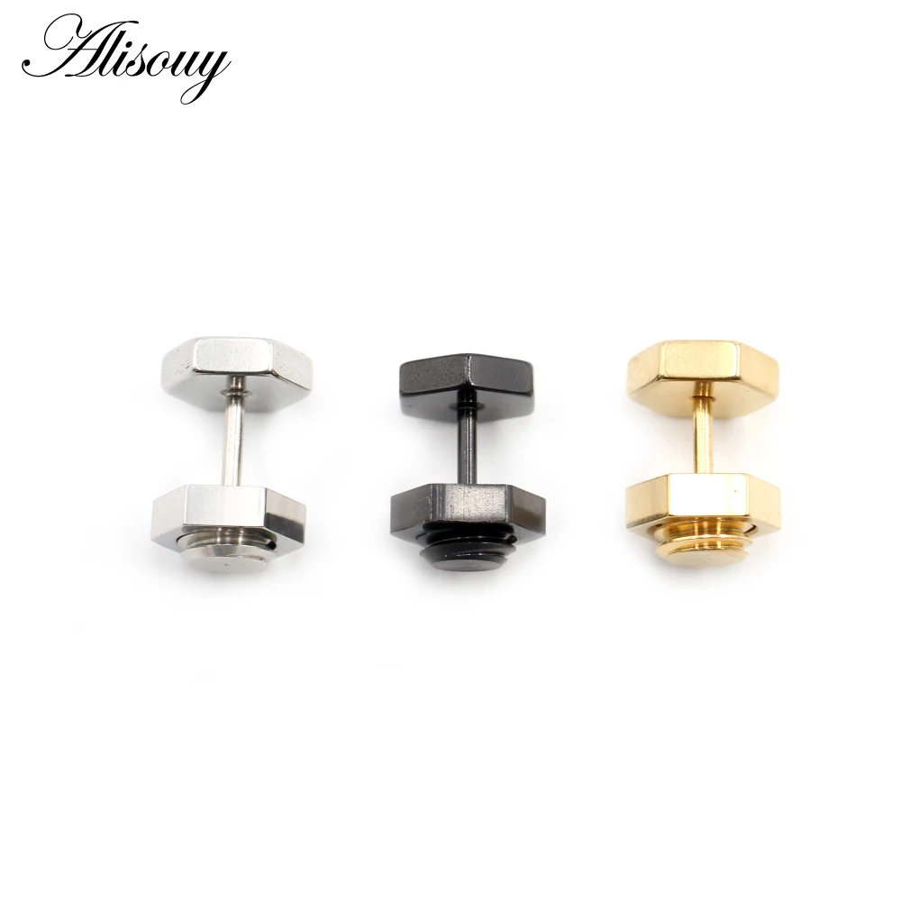 Alisouy 2pcs New Unisex Gothic Punk Rock Stainless Steel Hexagon Nail Screw Women Men Ear Stud Earrings Piercing Body Jewelry