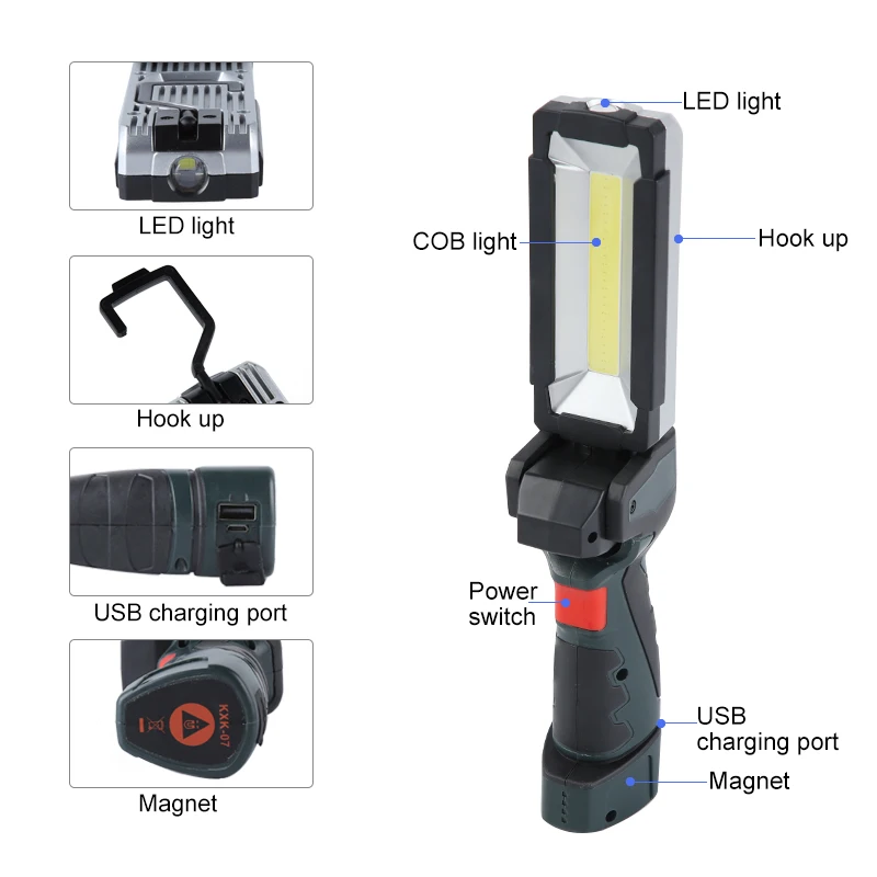 Rechargeable LED Work Light Built-in Battery Work Flashlight with Magnetic Base 5 Lighting Modes Foldable Lamp For Car Repair