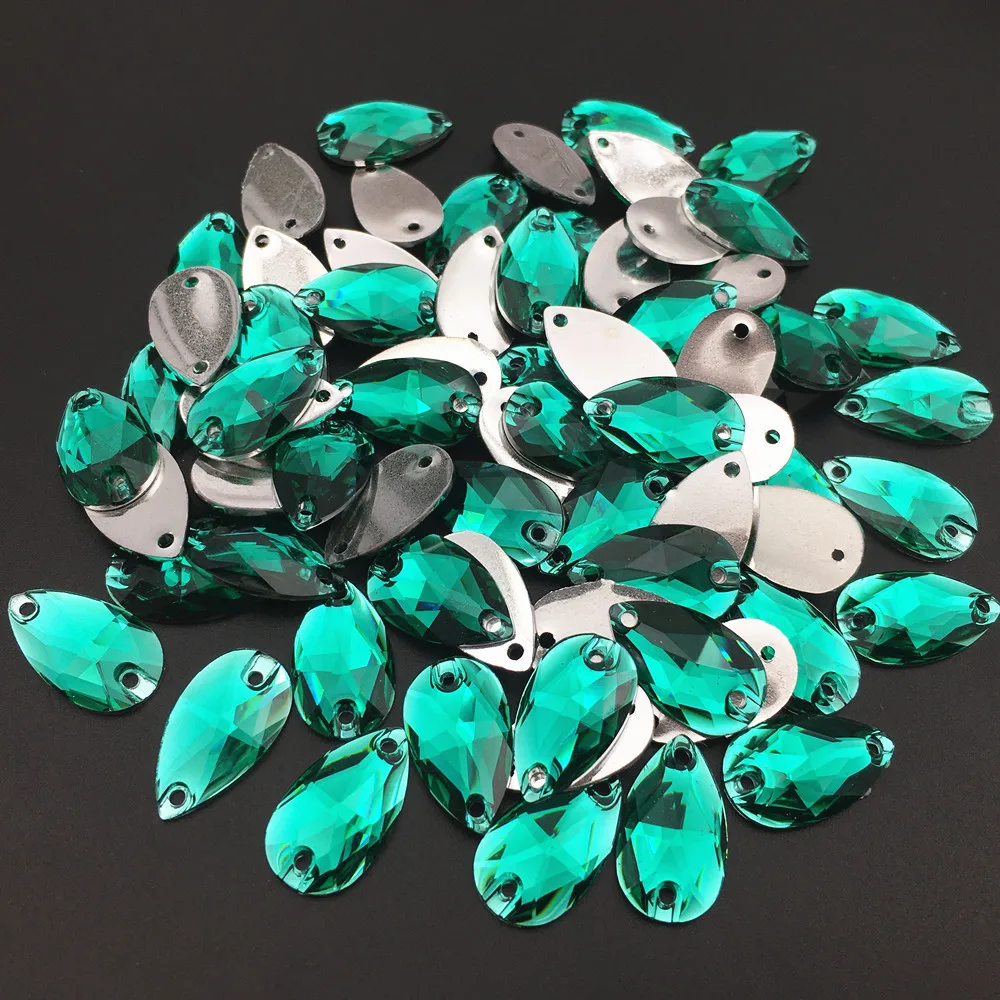 Teardrop 11x18MM Green Zircon Drop Sewing Flatback Pear Rhinestones Sew On Resin Stones For Dresses Clothes Garment