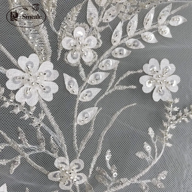 Ivory Luxury Beaded Applique Bridal Lace Fabric Silver Embroidery Flowers and Leaves Sequins High-end Dress Fabric Lace RS3103