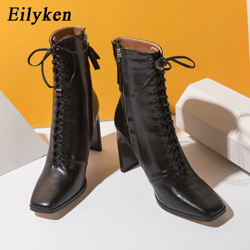 Eilyken Neue Frauen Stiefeletten Design Weiche Leder Kreuz-gebunden Hohe Ferse Fashion Square Toe Damen Schuhe Zipper Chelsea booties