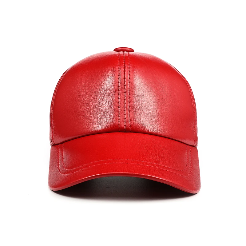 Men Genuine Leather Baseball Caps Women White/Red Simple Casual Dome Hat Male 55-58 cm Ajustable Chapeau Hockey Gorra Big Brim