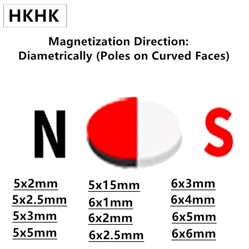 hall magnetic NdFeB Magnet 5x2 5x2.5 5x3 5x5 5x15 6x1 6x2 6x2.5 6x3 6x4 6x5 6x6 mm Diametrically Magnetized N45H