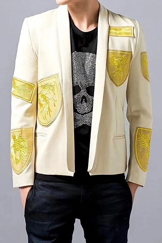 Blazer dorado con Bordado de hilo para hombre, chaqueta entallada, abrigo de cantante, traje de escenario de moda, traje de fiesta, abrigo de artista, traje de Drama