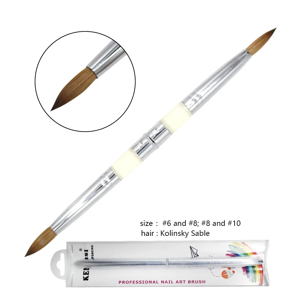 Eval Double Head Kolinsky Sable Acrylic Nail Art Dotting brush Crimped Round Silver Handle Dual Use Nail Brushes