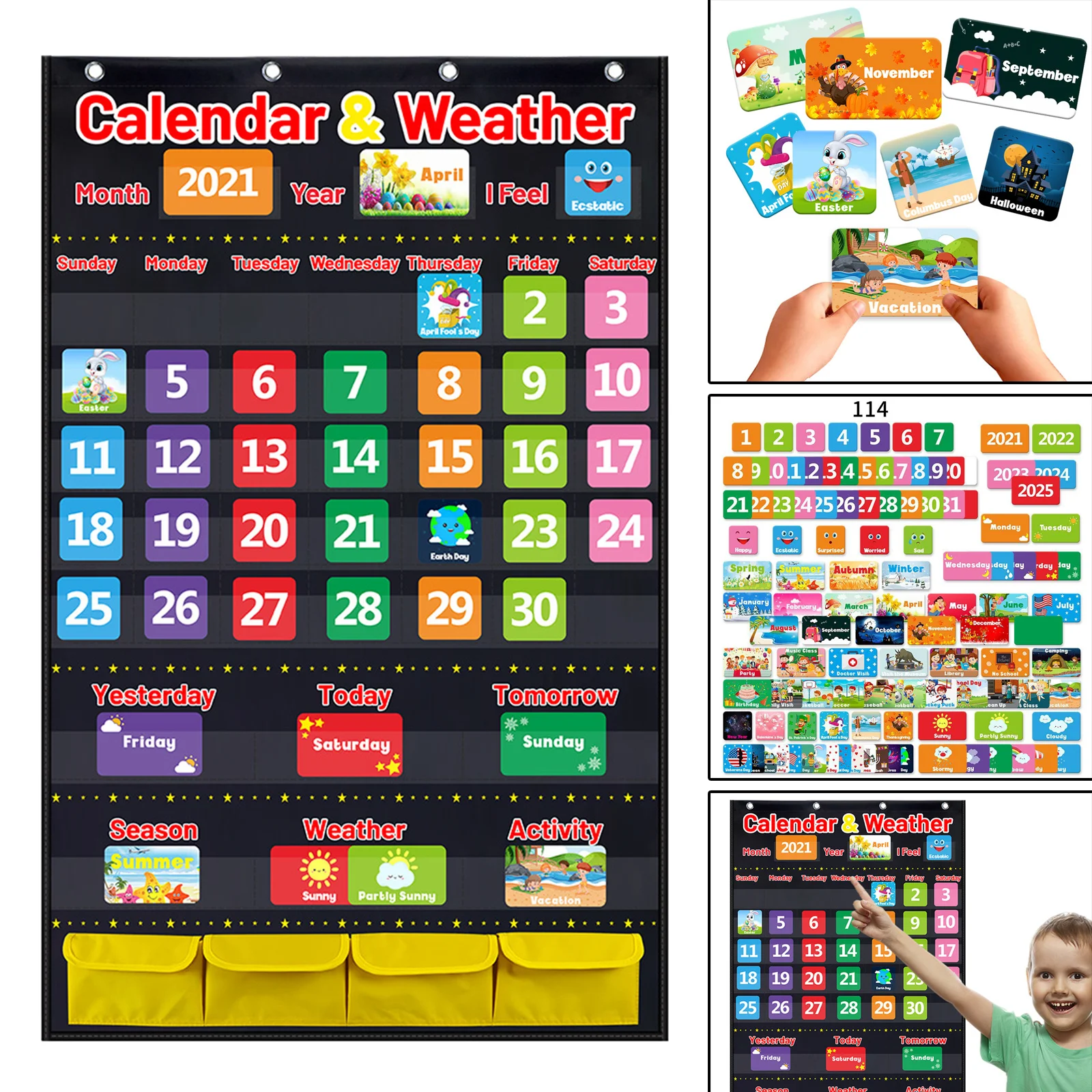 Fabric Calendar Weather Pocket Chart Classroom Homeschool Supplie Montessori Educational Toys For Kids Children