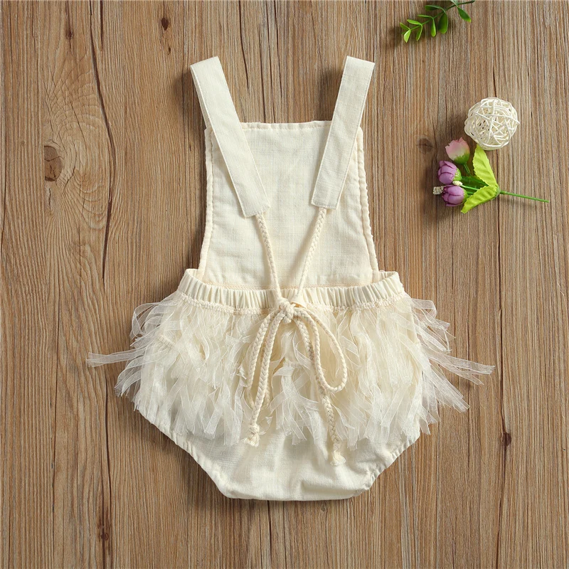 Baby Girl’s Fashion Suspender Jumpsuits Sweet Solid Color Lace Tassel Backless Lace-Up e Romper