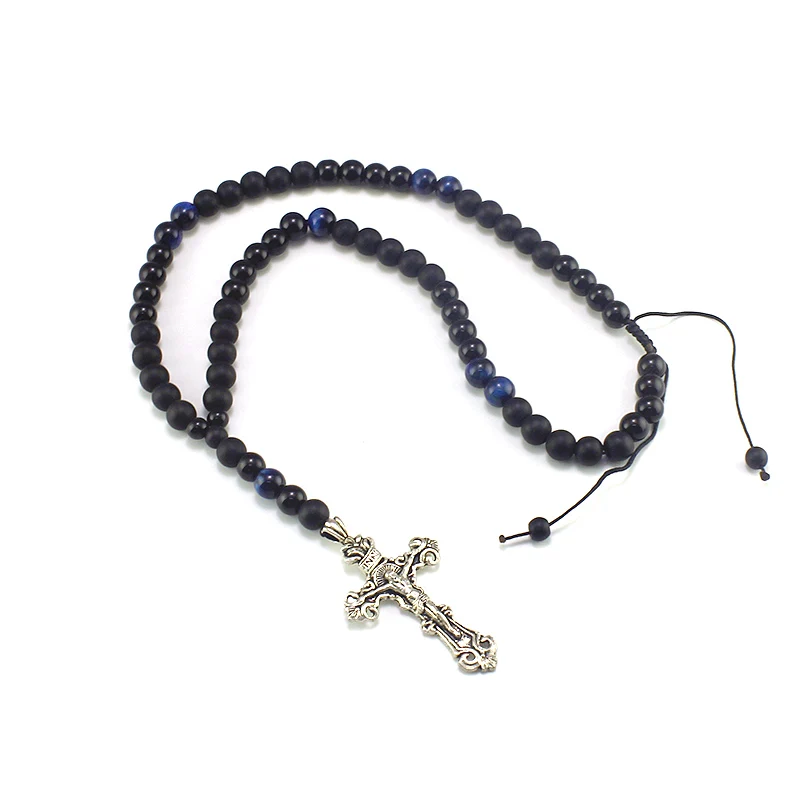 New Arrival Black Men Necklace with Blue Tiger Eye Stone Zinc Alloy Cross Pendant Necklace Adjustable Handmade Jewelry for Men