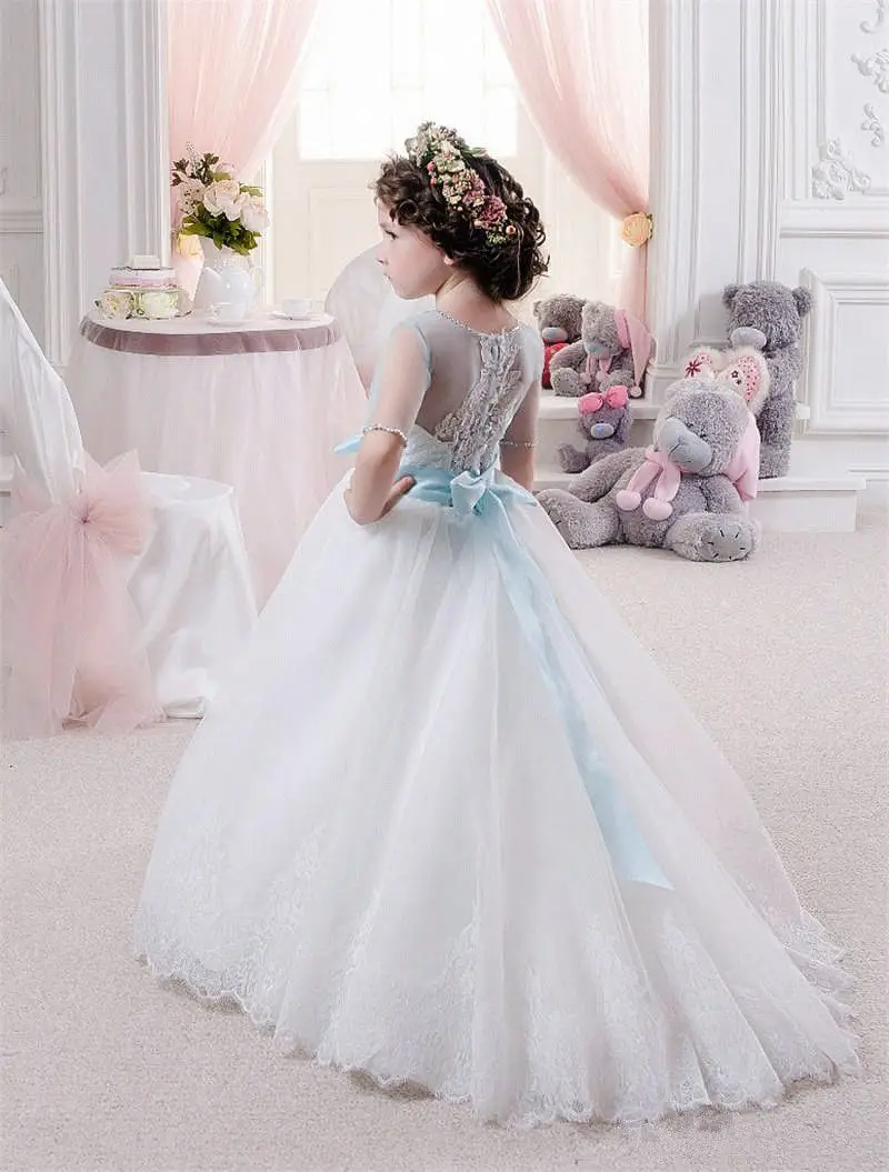 Erste Kommunion Kleider Für Mädchen Sky Blue Schärpe Blume Mädchen Kleider Sheer Halbe Hülse Vestido Comunion Für Hochzeit Prom Kleid