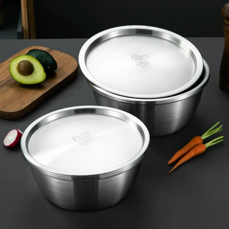 Thicken 304 Stainless Steel Salad Egg Mixing Bowls with Lid Flour Soup Bowl European Kitchen Utensils Vegetable Fruit Basin