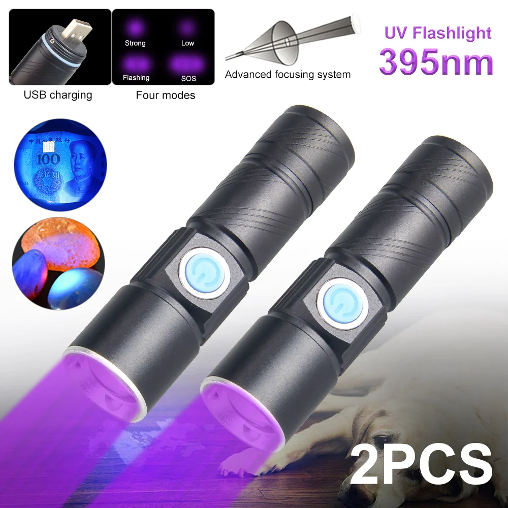 365nm 395nm UV Light Flashlight Blacklight USB Rechargeable Tactical LED flashlight Waterproof Inspection pet urine Torch lamp