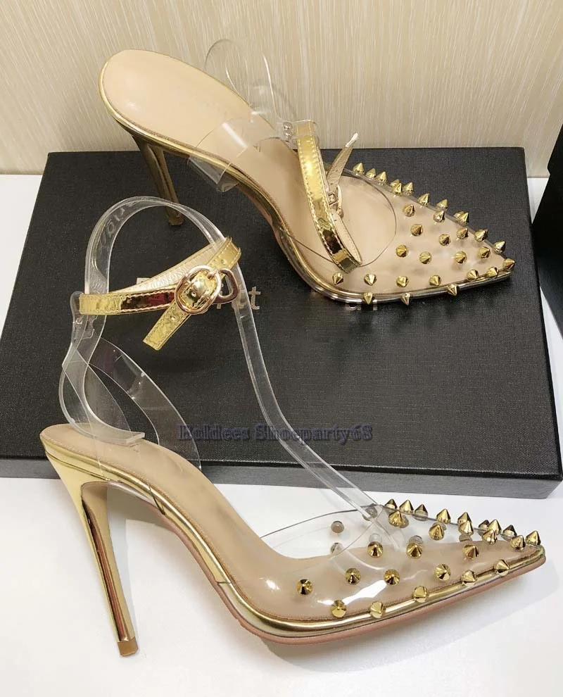 

12cm Heeled Pumps Transpatent PVC Women High Heel Pointed Toe Dress Shoes Party Thin High Heels Lady Rivet Spike sStiletto Shoes