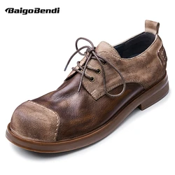 OH MY GOD!Top Leather Men's Lace Up Cowhide Western Cowboy Mixed Color Casual Shoes Man Round Toe Oxfords Soft