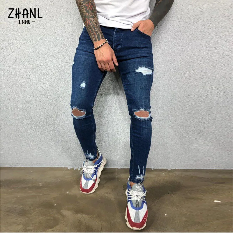 Spring Autumn Blue Black Jeans Rippped Men Street Dance Hip hop Jeans Fashion Casual Jogger Male Skinny Pants Denim Trousers Man