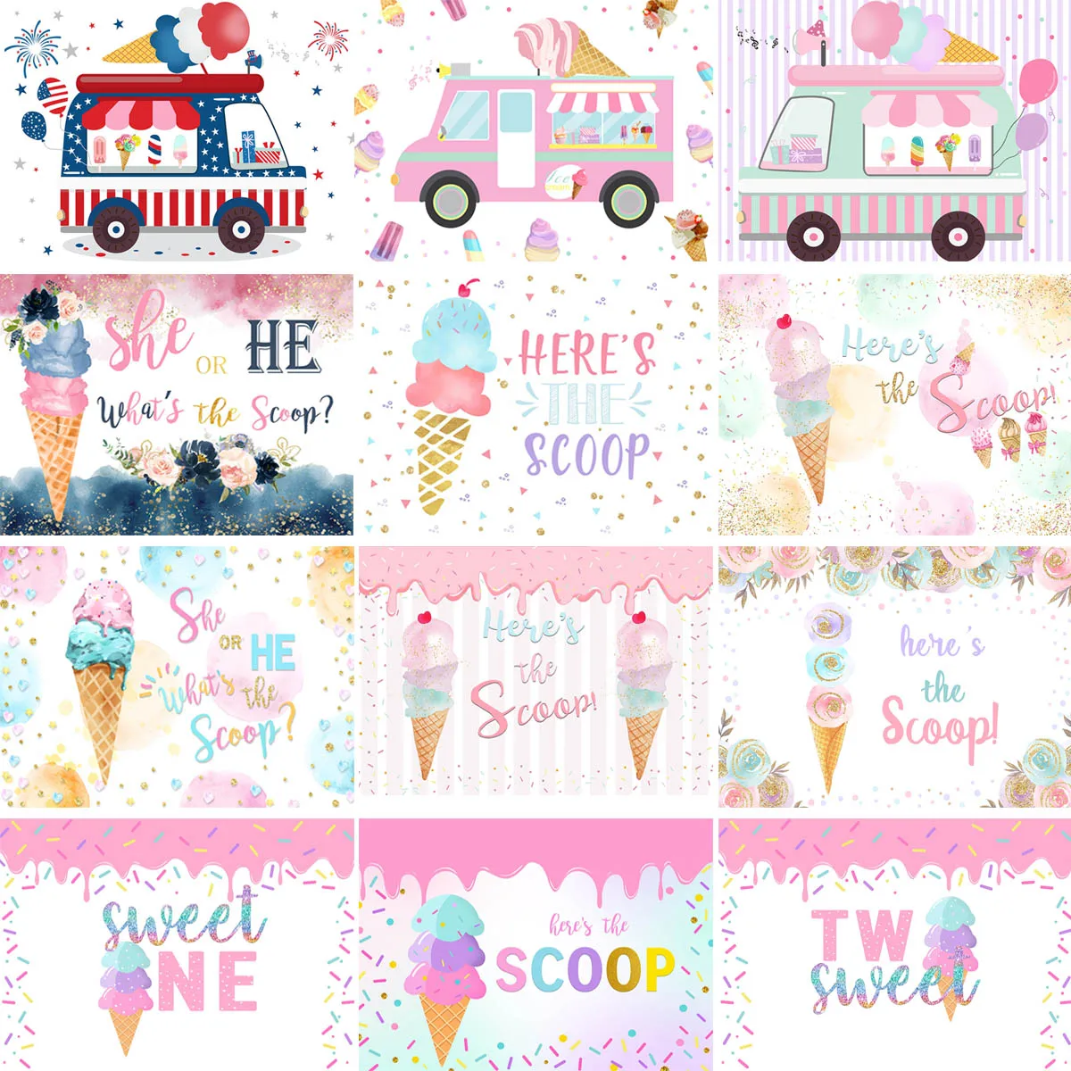 

Sweet One Ice Cream Birthday Background Here's The Scoop Child Portrait Backdrop Dessert Table Decoration Props Photo Studio