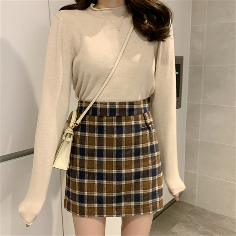 

LMQ NEW 2020 Winter Korean Women Harajuku Slim Plaid High Waist Pencil Short Skirts Vintage Stitching Long Skirts Cute Sweet