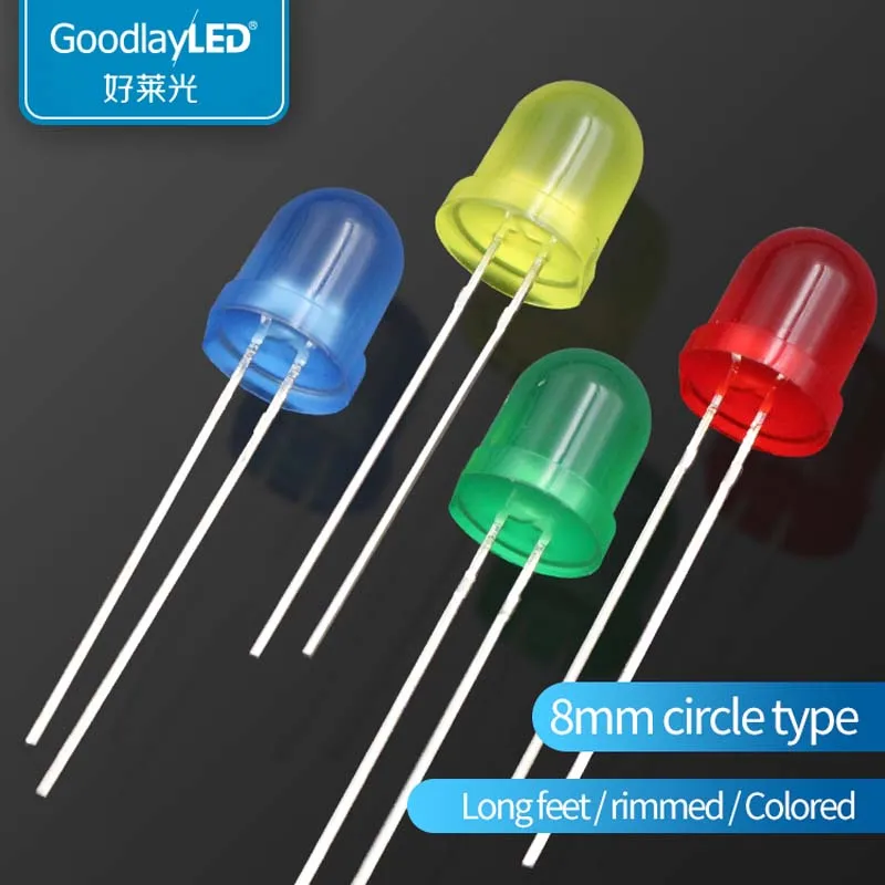 1000PCS Led 8mm Round Head with color long leg with edge white red blue green and yellow Light Emitting Diode