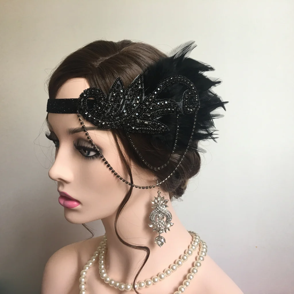 Feather Headband Vintage Elastic Feather Rhinestone Chain Forehead Decorations Gatsby Party Charleston Party Feather Headwear